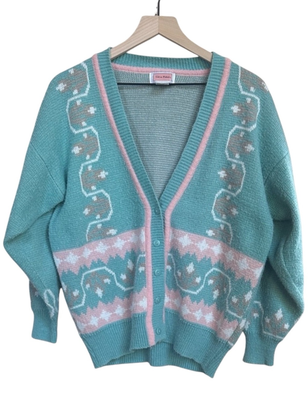Vintage Gina Peters Pastel Knit Cardigan Sweater Medium Seafoam Pink Grandma